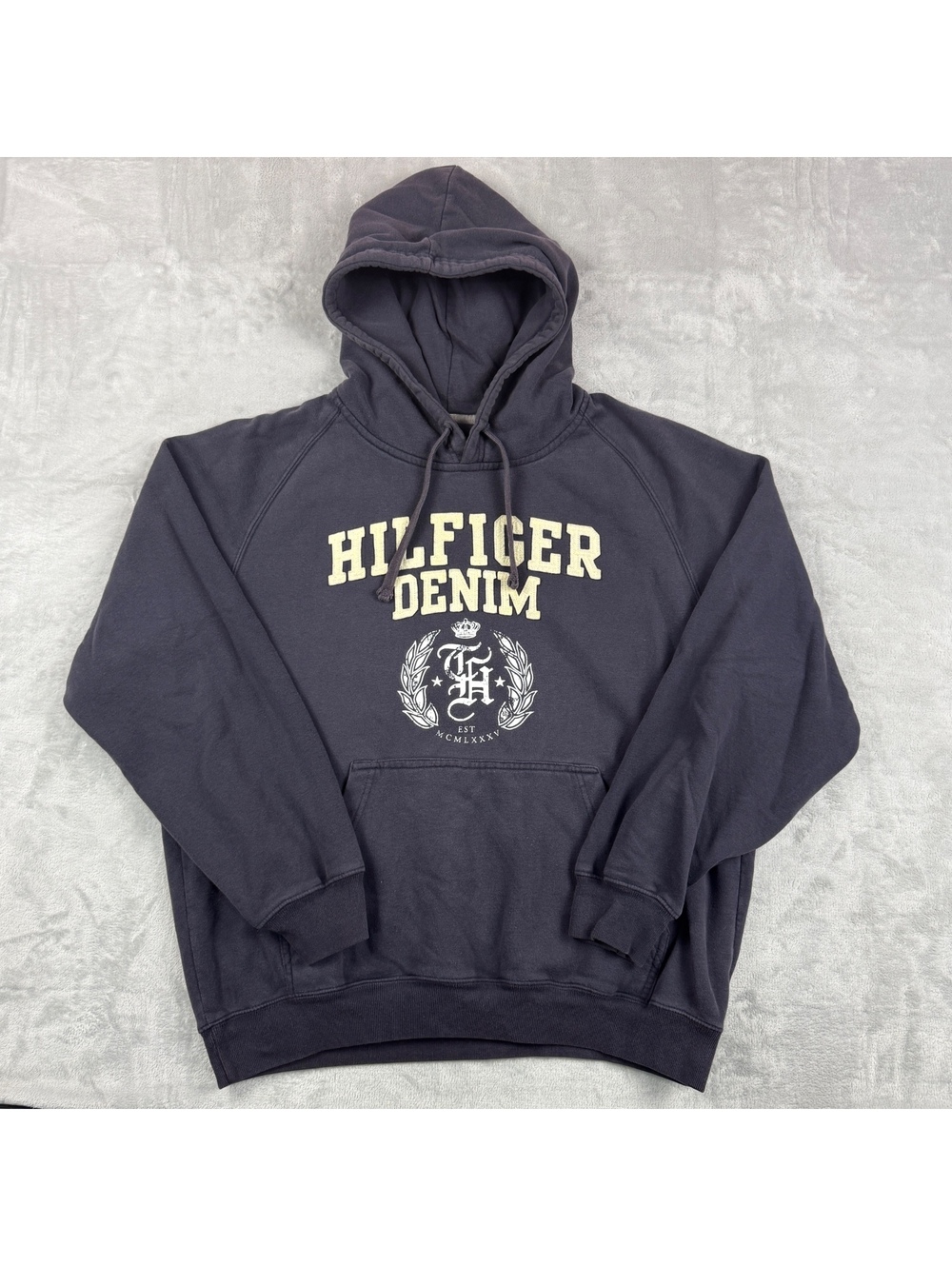 Y2K Tommy Hilfiger Denim MenL Navy Hoodie Crest Graphic Logo Heritage Streetwear